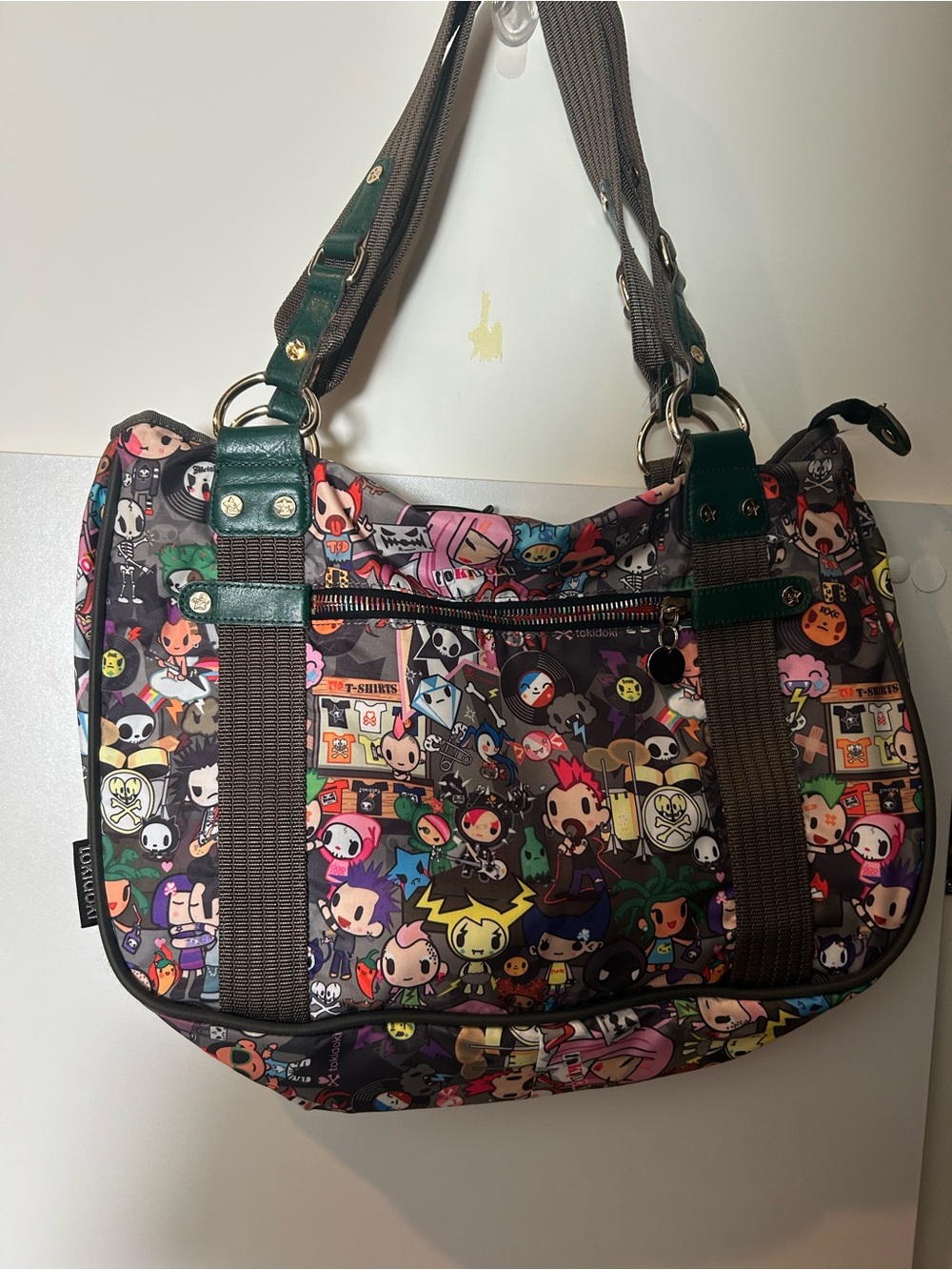 tokidoki Black Multicolor Character Print Shoulder Bag with Green Trim